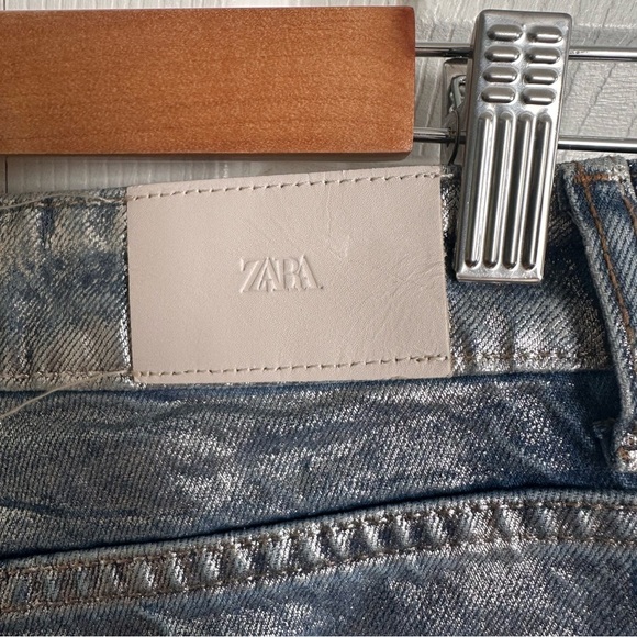 Zara Z1975 MID RISE STRAIGHT CUT METALLIC FOIL JEANS Blue Silver NWOT Size 4 - Picture 5 of 10